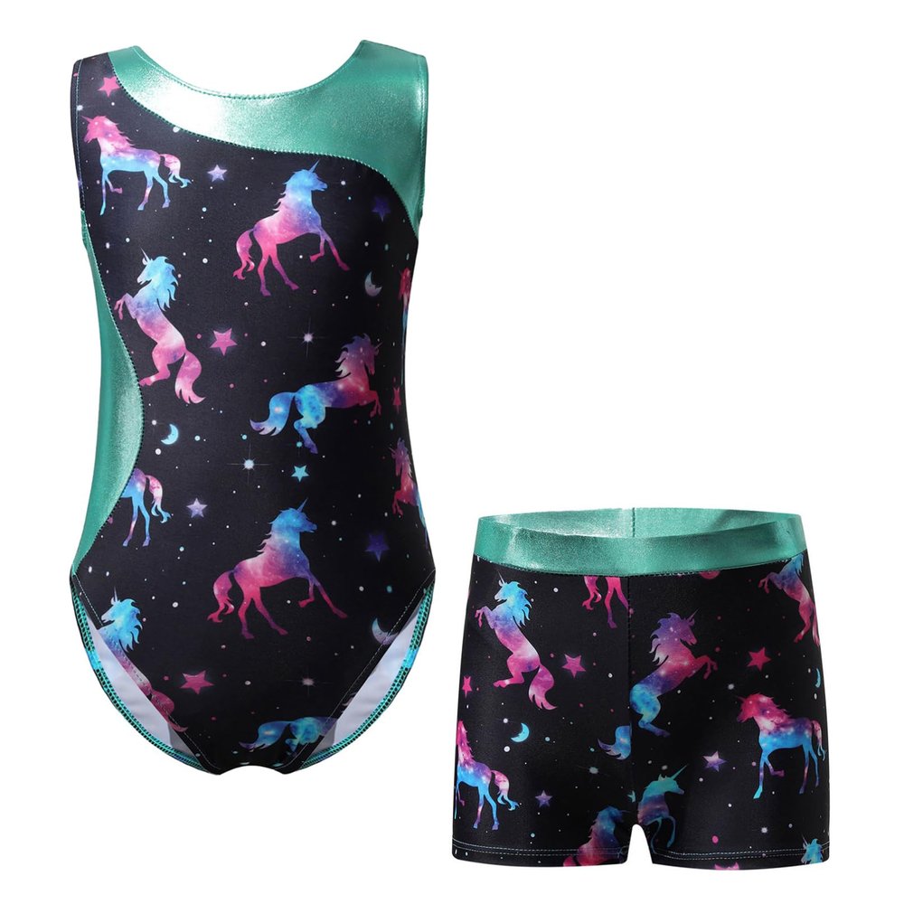 Moily Kids Girls 2 Piece Athletic Outfit Gymnastics Dance Leotard with Booty Shorts Tracksuit Swimwear Type B-Dark Night 5-6