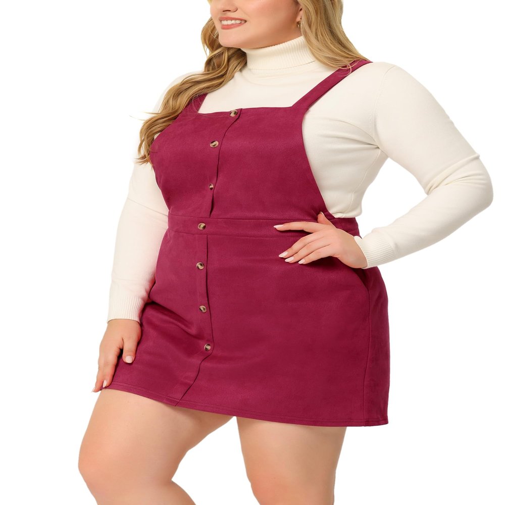 Agnes Orinda Women's Plus Size Suspender Skirt High Waist A-Line Suede Overall Dress 1X Dark Red