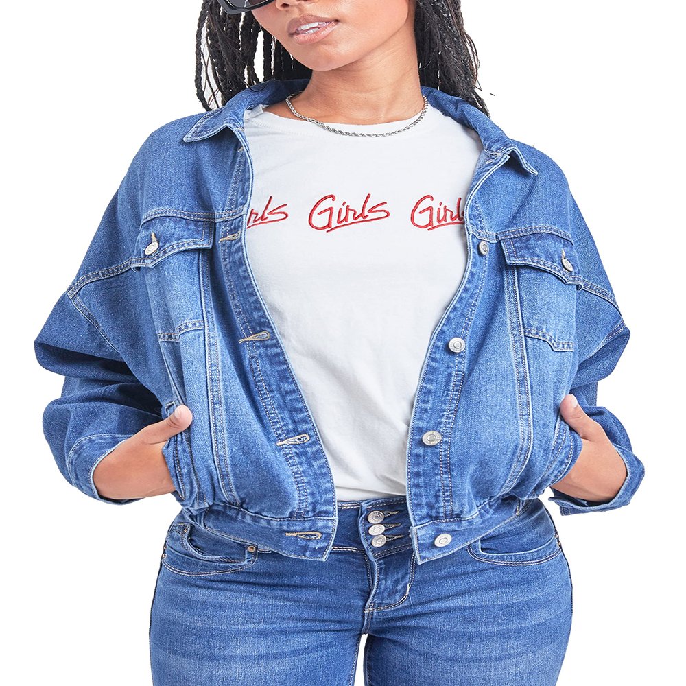 YMI Womens Junior 80's Denim Oversized Jacket, Medium Denim, Small US