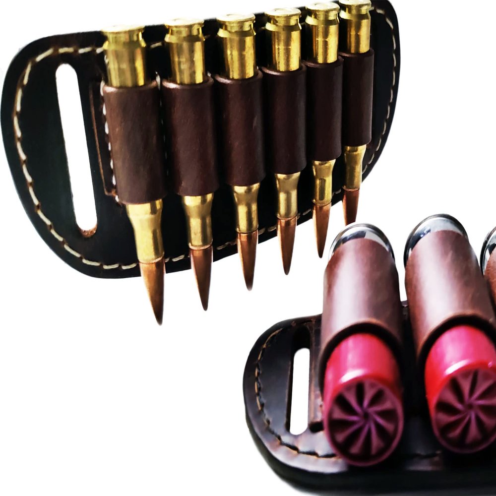 6 Round Cartridge Holder Leather Belt Slide On Ammo Loops 45 Long colt 30-30 357 Handmade in the USA (16 Gauge (4 shells), White Thread, Show Brown)