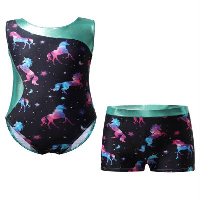 Daenrui Kids Girls Printed Splice Gymnastics Leotards with Shorts Set Ballet Dance Unitard Workout swimsuit Dark 6 Years