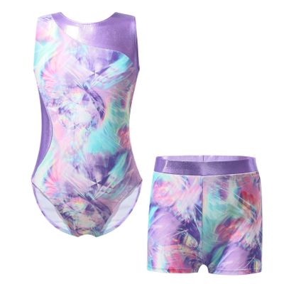 Moily Kids Girls 2 Piece Athletic Outfit Gymnastics Dance Leotard with Booty Shorts Tracksuit Swimwear Type B-Colorful Shadow 3-4