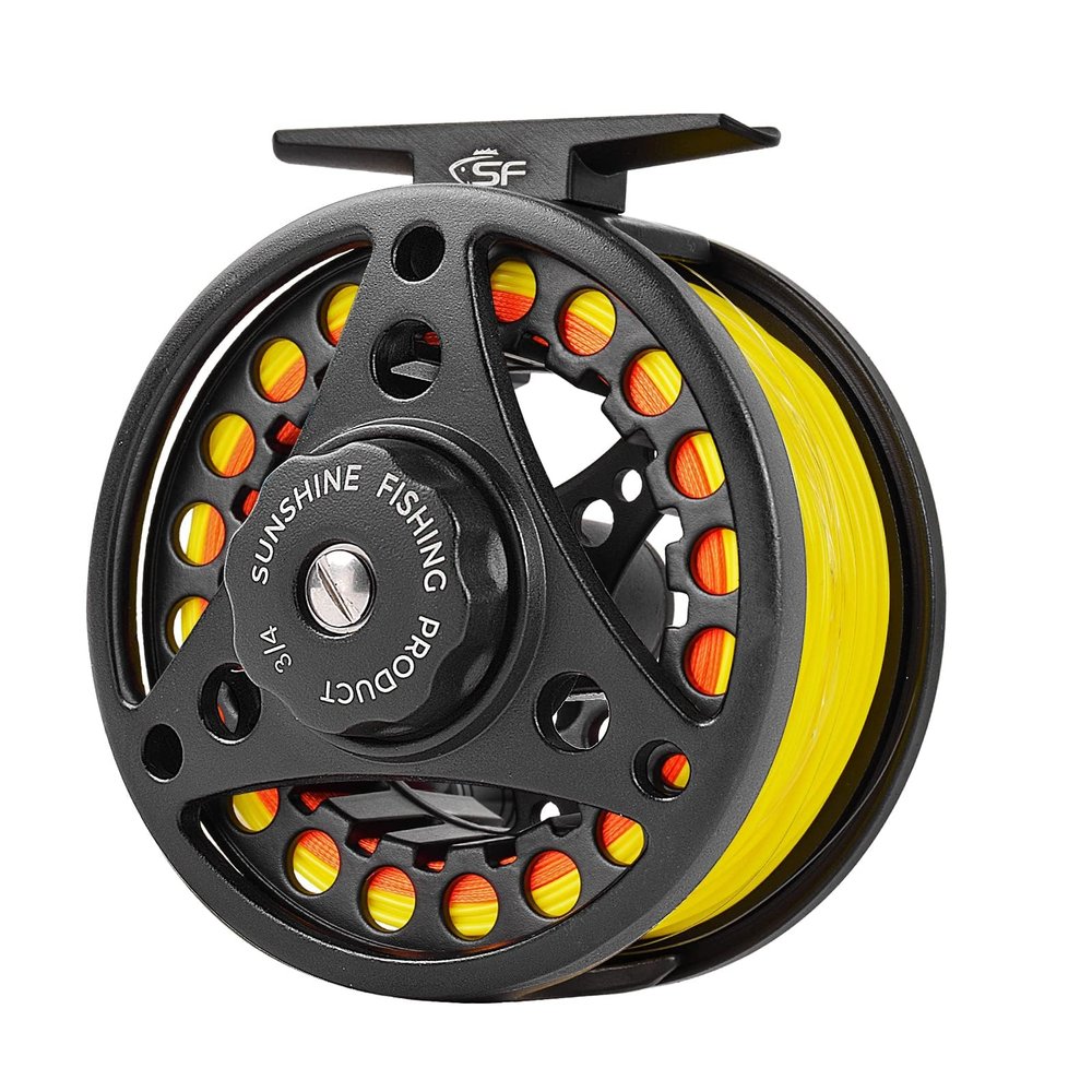 SF Large Arbor Fly Fishing Reel - 3/4wt Aluminum Alloy Body Die-Cast Matt Black Pre-Loaded Reel with Line Combo Fluorescent Yellow Line