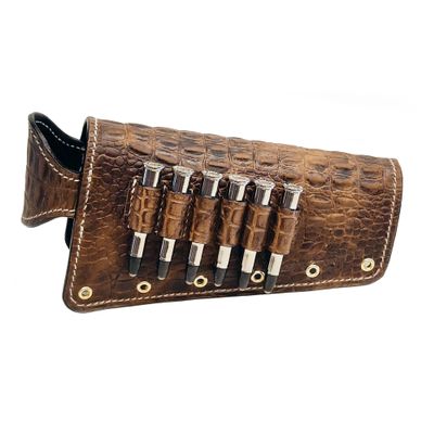 Gator Embossed Leather Buttstock Cover with Cartridge Holders - Ammo Loops for Lever Action Rifles and Shotguns - Hand Made in the USA (44 Magnum, Right Handed, White Thread)