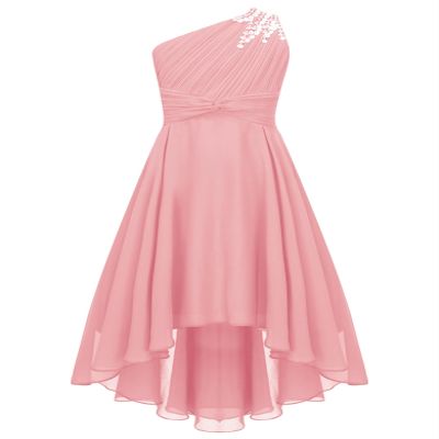 Sywiyi Kids Flower Girls Beaded Ruched Pageant Dress Junior Bridesmaid Gown One Shoulder High Low Gowns Pink 12 Years