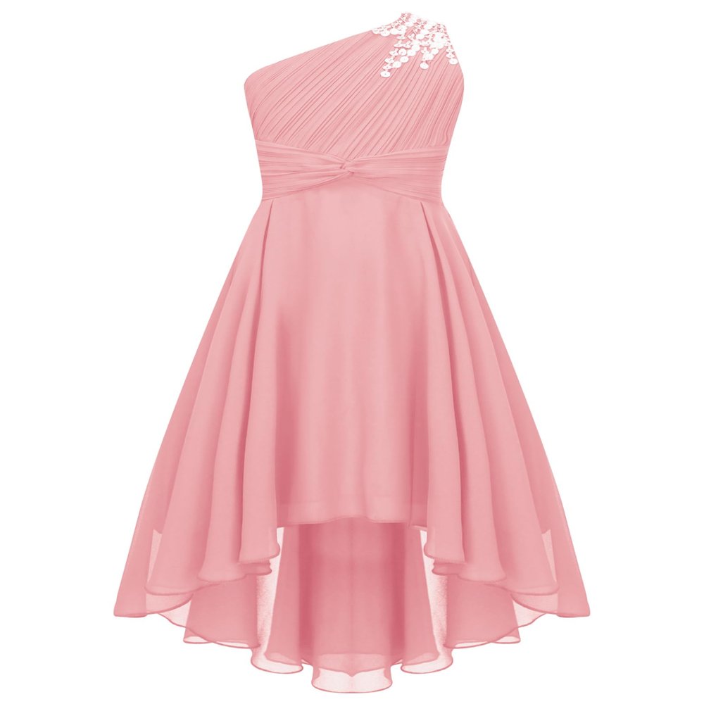 Sywiyi Kids Flower Girls Beaded Ruched Pageant Dress Junior Bridesmaid Gown One Shoulder High Low Gowns Pink 12 Years