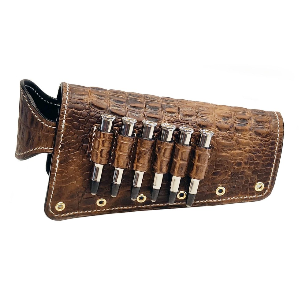 Gator Embossed Leather Buttstock Cover with Cartridge Holders - Ammo Loops for Lever Action Rifles and Shotguns - Hand Made in the USA (300 WSM, Right Handed, White Thread)