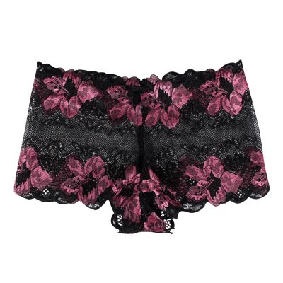 Women Lace Transparent Contrast Rose Pattern Triangle Underpants Japanese Nylon Panties (Black, M)