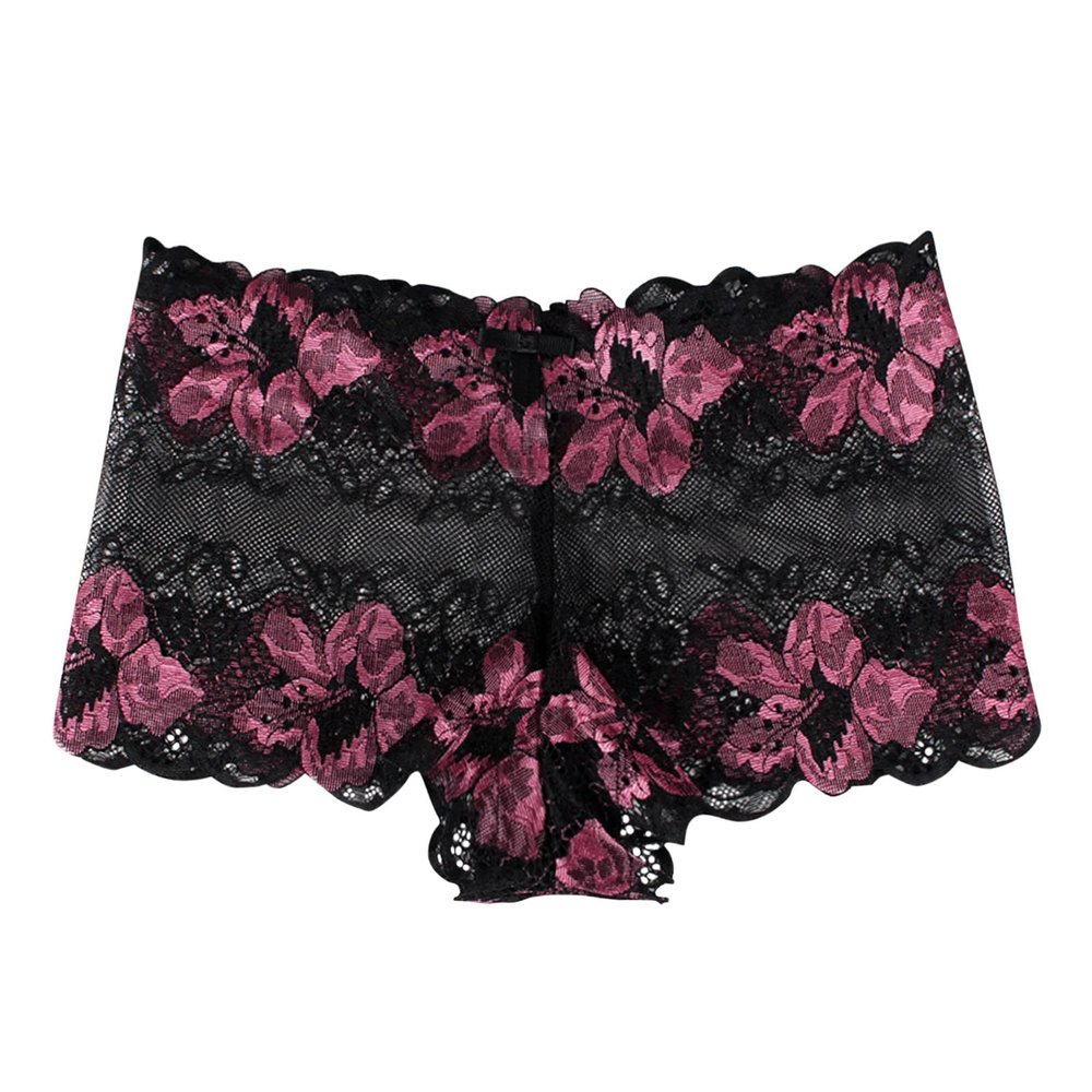 Women Lace Transparent Contrast Rose Pattern Triangle Underpants Japanese Nylon Panties (Black, M)