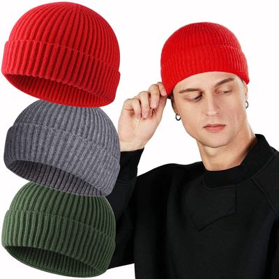 ROYBENS Swag Wool Knit Cuff Short Fisherman Beanie for Men Women, Winter Warm Hats, 3PCS