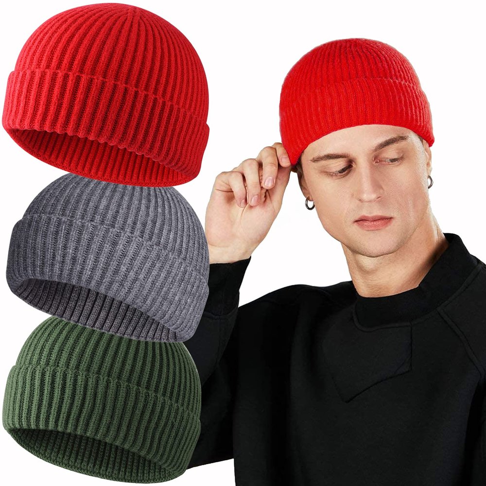 ROYBENS Swag Wool Knit Cuff Short Fisherman Beanie for Men Women, Winter Warm Hats, 3PCS