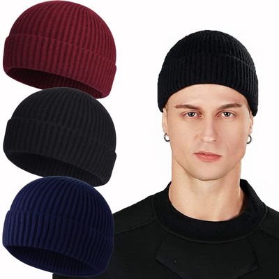 ROYBENS Swag Wool Knit Cuff Short Fisherman Beanie for Men Women, Winter Warm Hats, 3PCS