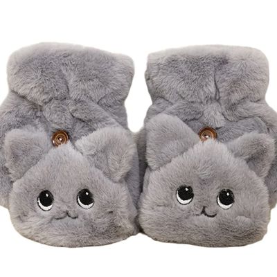 TYAGY Cartoon Cat Women Girls Hand Warm Soft Cute Animal Winter Fingerless Thick Mittens (Gray)