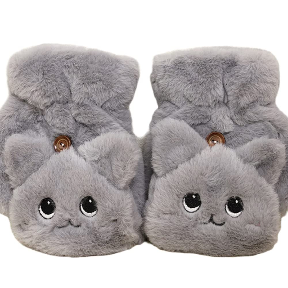 TYAGY Cartoon Cat Women Girls Hand Warm Soft Cute Animal Winter Fingerless Thick Mittens (Gray)