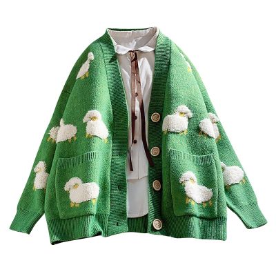 tuduoms Women Teen Girls Long Sleeve Knit Loose Cardigan Y2K Cartoon Sheep V-Neck Button Sweater Coat Cute Cozy Kimono Tops