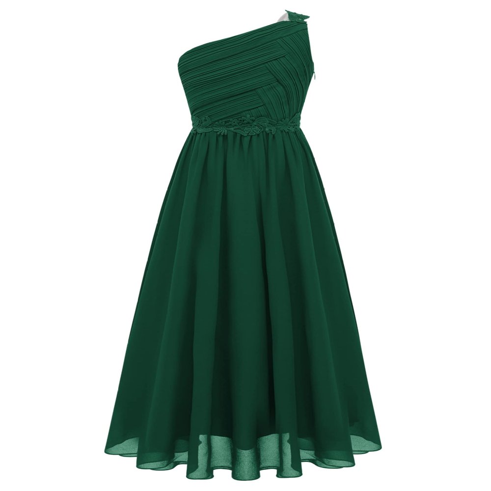 Duoremi Girls Special Occasion Dress One Shoulder Chiffon Junior Bridesmaid Gown Pageant Dress Green 14 Years
