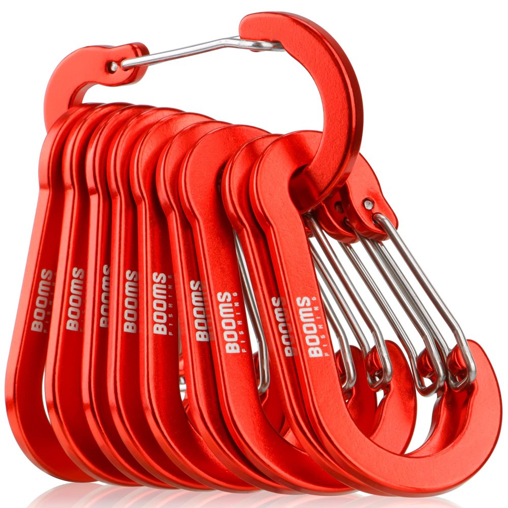 Booms Fishing CC5 Multi-Use Carabiner Clips, 10 Pack 2.7" Small Caribeener Clips, Mini Keychain Caribeaner Clip, Aluminum D Ring Carabiners, Red