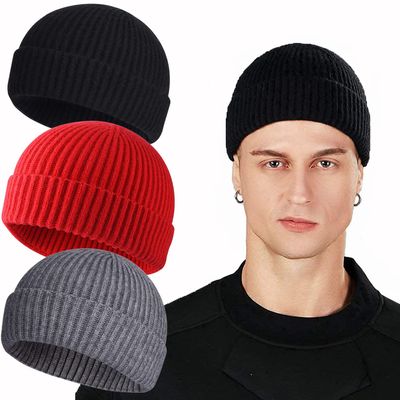 ROYBENS Swag Wool Knit Cuff Short Fisherman Beanie for Men Women, Winter Warm Hats, 3PCS