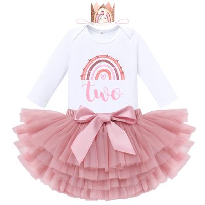 Baby Girls Rainbow 1st 2nd Birthday Outfit Long Sleeve Romper Tutu Skirt Bloomers Set with Crown Headband Winter Fall Dress Clothes for Cake Smash Photo Prop Dusty Pink Two - Long Sleeve Crown 2 Years