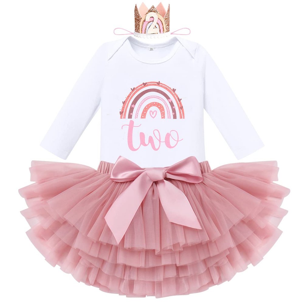 Baby Girls Rainbow 1st 2nd Birthday Outfit Long Sleeve Romper Tutu Skirt Bloomers Set with Crown Headband Winter Fall Dress Clothes for Cake Smash Photo Prop Dusty Pink Two - Long Sleeve Crown 2 Years