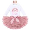 Baby Girls Rainbow 1st 2nd Birthday Outfit Long Sleeve Romper Tutu Skirt Bloomers Set with Crown Headband Winter Fall Dress Clothes for Cake Smash Photo Prop Dusty Pink Two - Long Sleeve Crown 2 Years view 1