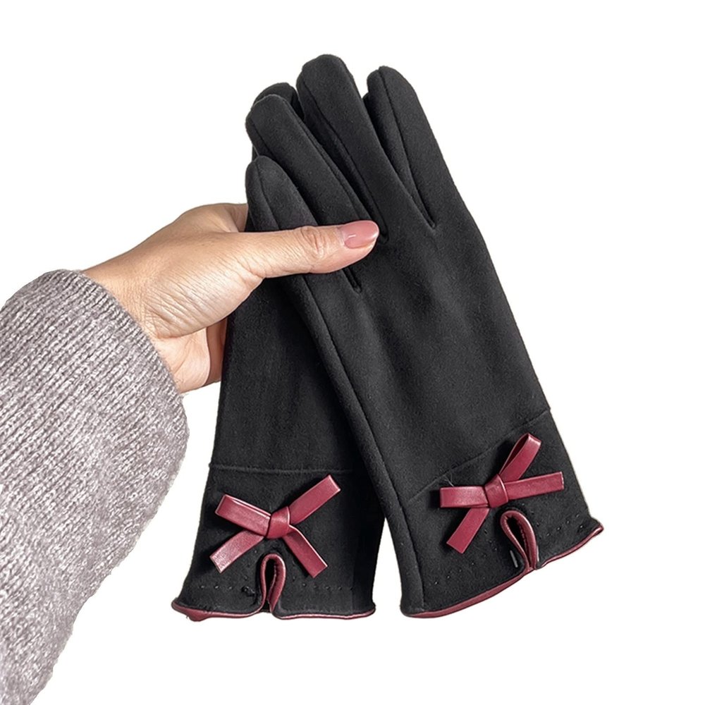 Female Winter Gloves Warm Lined Touch Screen Driving Gloves Suede Leather Bow Plush Wrist Mitten Women (Color : Bow - Black, Size : One Size)