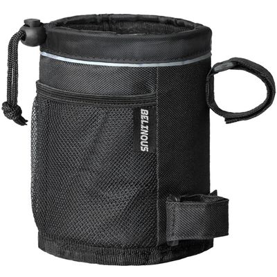 Belinous Bike Cup Holder, Water Bottle Holder Up to 32oz, Bicycle Handlebar Drink Holder Oxford Fabric with Mesh Pockets for e-Bike Scooter Cruiser Wheelchair Walker Boat, Black, 1 Pack