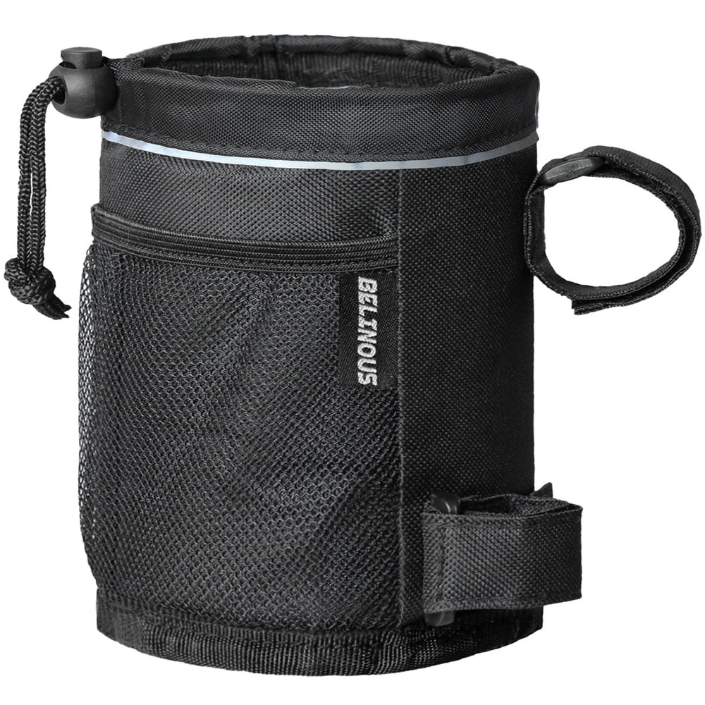 Belinous Bike Cup Holder, Water Bottle Holder Up to 32oz, Bicycle Handlebar Drink Holder Oxford Fabric with Mesh Pockets for e-Bike Scooter Cruiser Wheelchair Walker Boat, Black, 1 Pack