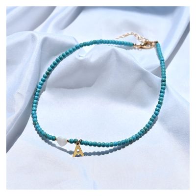 Colorful Beads Initial Choker for Women Stainless Steel Letter Pendant Necklace Fashion Shell Heart Jewelry Boho Accessories (Main Stone Color : G, Metal Color : 21ky0812-blue)