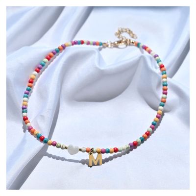 Colorful Beads Initial Choker for Women Stainless Steel Letter Pendant Necklace Fashion Shell Heart Jewelry Boho Accessories (Main Stone Color : X, Metal Color : 21ky0812-multi)