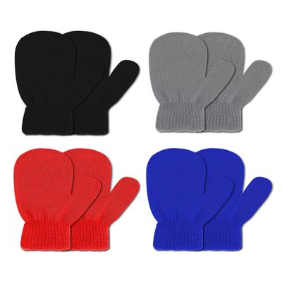 DOOVID Kids Knit Mittens Toddler Knit Gloves Winter Warm Knitted Magic Gloves Stretch Soft Mitten for Baby Boys Girls 4 Pairs Black & Grey & Red & Blue