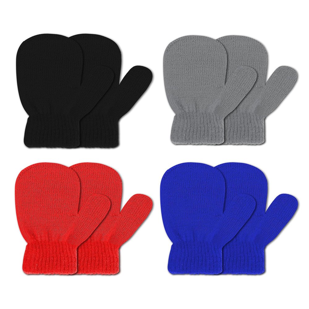 DOOVID Kids Knit Mittens Toddler Knit Gloves Winter Warm Knitted Magic Gloves Stretch Soft Mitten for Baby Boys Girls 4 Pairs Black & Grey & Red & Blue
