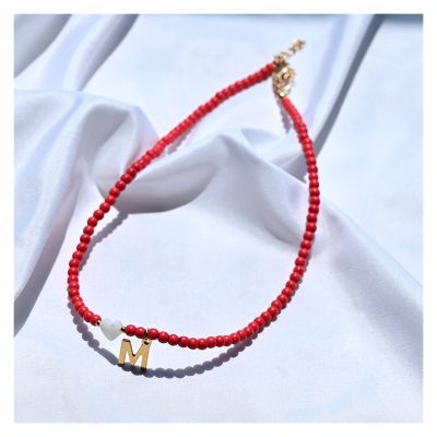 Colorful Beads Initial Choker for Women Stainless Steel Letter Pendant Necklace Fashion Shell Heart Jewelry Boho Accessories (Main Stone Color : X, Metal Color : 21ky0812-red)