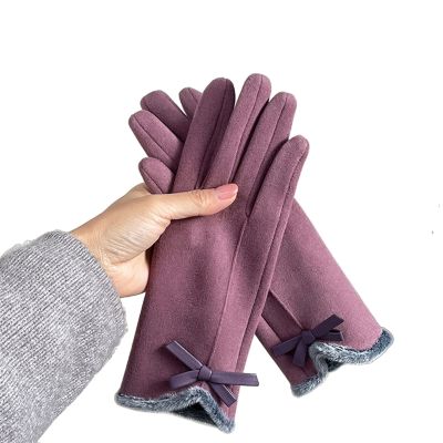 Female Winter Gloves Warm Lined Touch Screen Driving Gloves Suede Leather Bow Plush Wrist Mitten Women (Color : Violet, Size : One Size)