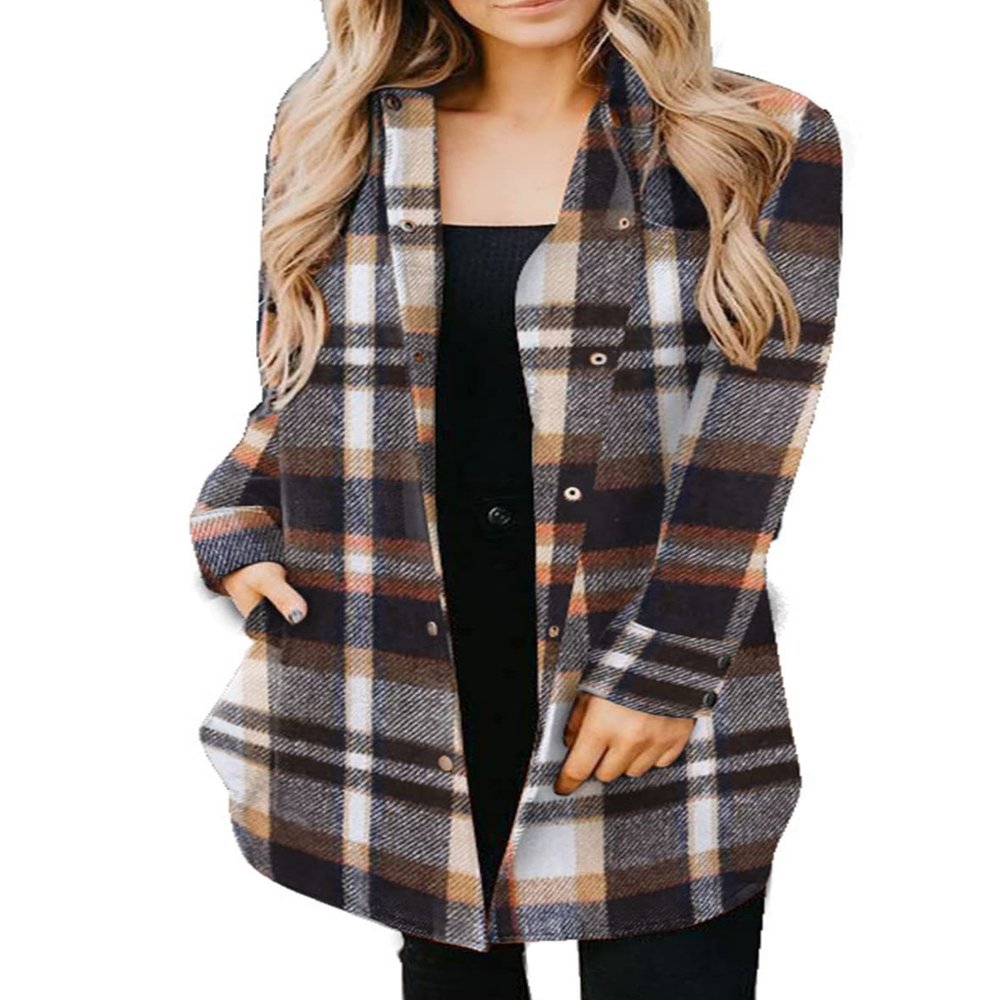EVALESS Color Block Plaid Shacket Jacket Womens Fall Clothes Fashion 2025 Casual V Neck Outfits Long Sleeve Jackets for Women Button Down Flannel Shirts Loose Cardigans Coats With Pockets Blue Small