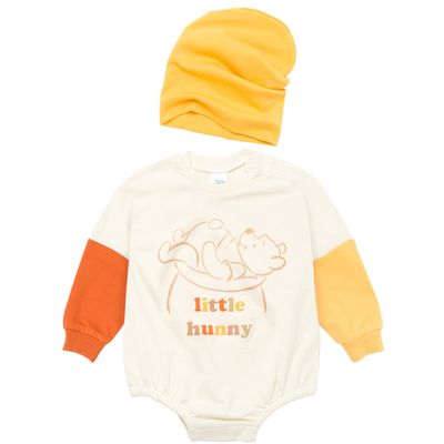 Disney Winnie the Pooh Newborn Baby Boy or Girl French Terry Oversized Sweatshirt Bubble Romper Bodysuit and Hat 6-9 Months