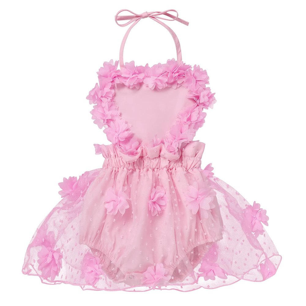Baby Girls 1st Birthday Outfit Heart Lace Romper Flower Tutu Princess Dress with Tulle Skirt Sleeveless Backless Jumpsuit Sunsuit Playwear Dress Cake Smash Photo Shoot Clothes Pink Flower 6-12 Months