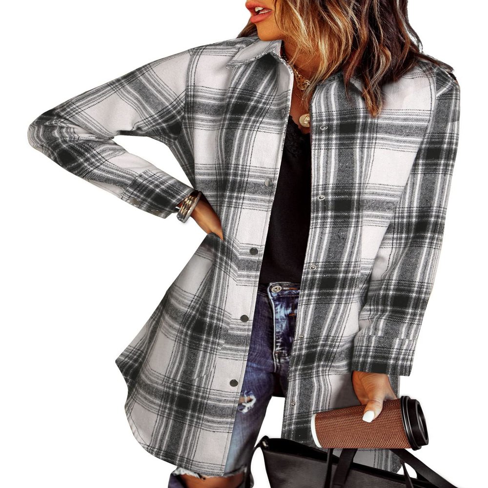 EVALESS Color Block Plaid Shacket Jacket Womens Fall Clothes Fashion 2025 Plus Size V Neck Outfits Long Sleeve Jackets Button Down Shirts Coats With Pockets Black XX-Large