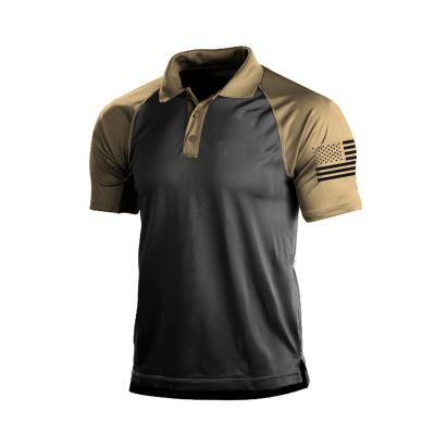 H HYFOL Polo Shirts for Men Contrast Color Short Sleeve Graphic Stretch American Patriotic Raglan Golf Polos for Men(Black Copper,XXL)