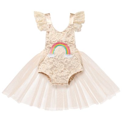 Baby Girls 1/2 1st Birthday Outfit Rainbow Lace Romper Tutu Princess Dress with Tulle Skirt Sleeveless Jumpsuit Sunsuit Playwear Dress Cake Smash Photo Shoot Clothes Rainbow Apricot 6-12 Months