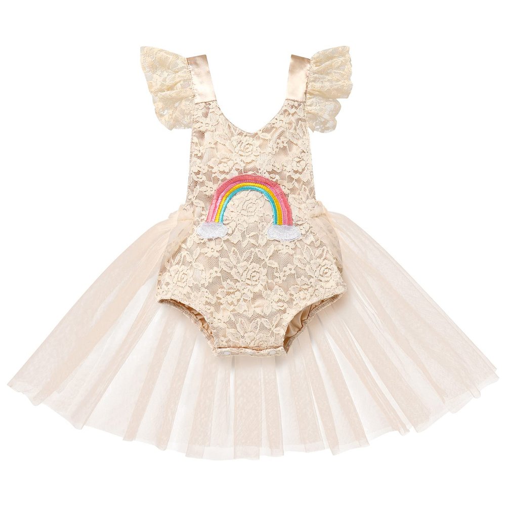 Baby Girls 1/2 1st Birthday Outfit Rainbow Lace Romper Tutu Princess Dress with Tulle Skirt Sleeveless Jumpsuit Sunsuit Playwear Dress Cake Smash Photo Shoot Clothes Rainbow Apricot 6-12 Months