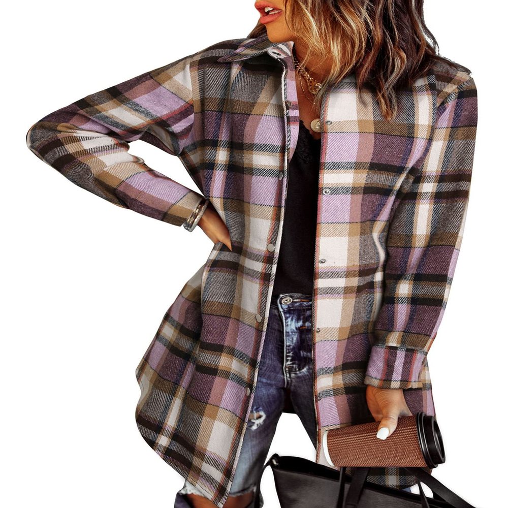 EVALESS Color Block Plaid Shacket Jacket Womens Fall Clothes Fashion 2025 Outfits Long Sleeve Jackets for Women Button Down Flannel Shirts Cardigans Coats With Pockets Pink X-Large