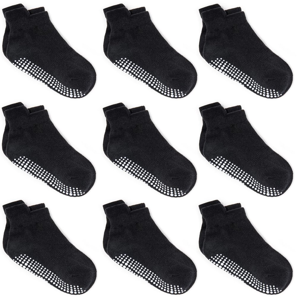 ZAPLES Baby Non Slip Grip Ankle Socks with Non Skid Soles for Infants Toddlers Kids Boys Girls, Black, 8-10 Years