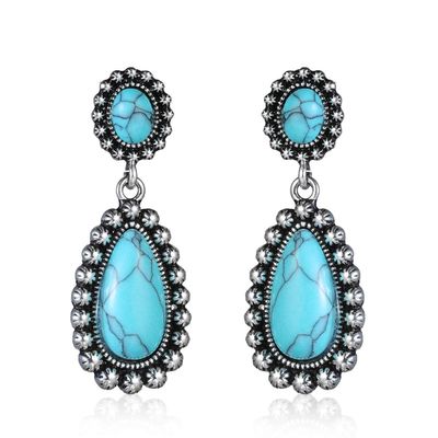 Bohemia Western Turquoise Geometric Drop Dangle Earrings Large Hoop Round Oval Teardrop Natural Stone for Women Ethnic Cowgirl Vacation Statement Boho Jewelry-C