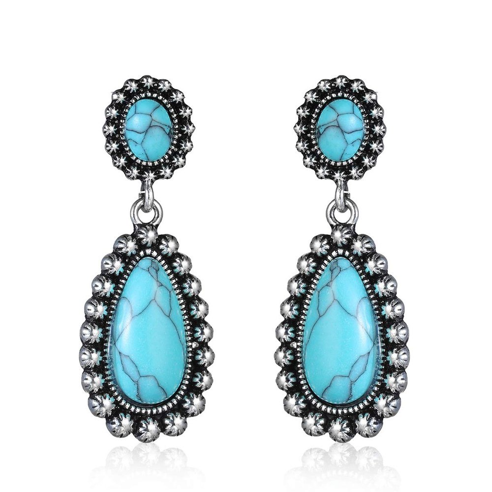 Bohemia Western Turquoise Geometric Drop Dangle Earrings Large Hoop Round Oval Teardrop Natural Stone for Women Ethnic Cowgirl Vacation Statement Boho Jewelry-C