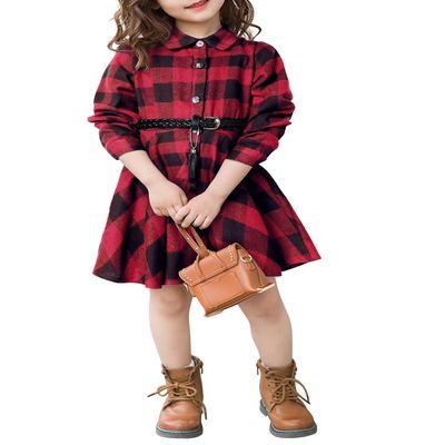 AGQT Child Girls Christmas Plaid Dress Buffalo Check Shirt Red Black Casual Square Chequered Long Sleeve A-Line Dresses with Belt Holiday Flannel Outfit Size 8-9 Years