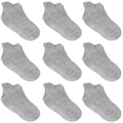 ZAPLES Baby Non Slip Grip Ankle Socks with Non Skid Soles for Infants Toddlers Kids Boys Girls, Gray, 8-10 Years
