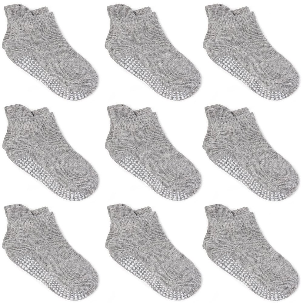 ZAPLES Baby Non Slip Grip Ankle Socks with Non Skid Soles for Infants Toddlers Kids Boys Girls, Gray, 8-10 Years