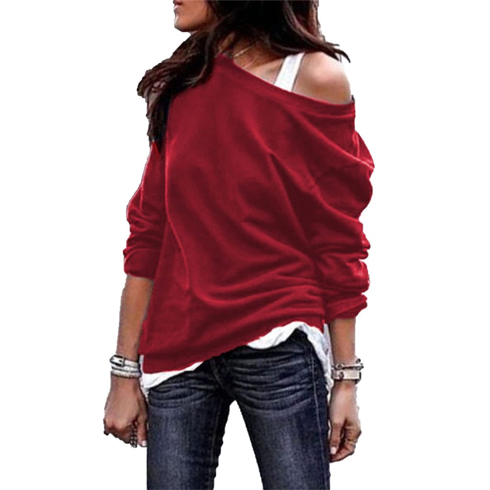 Womens One Shoulder Sweatshirt Fashion Long Sleeve Crewneck Pullover Tops Solid Color Casual Loose Sweatshirts (Red,XX-Large)