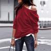 Womens One Shoulder Sweatshirt Fashion Long Sleeve Crewneck Pullover Tops Solid Color Casual Loose Sweatshirts (Red,XX-Large) view 2